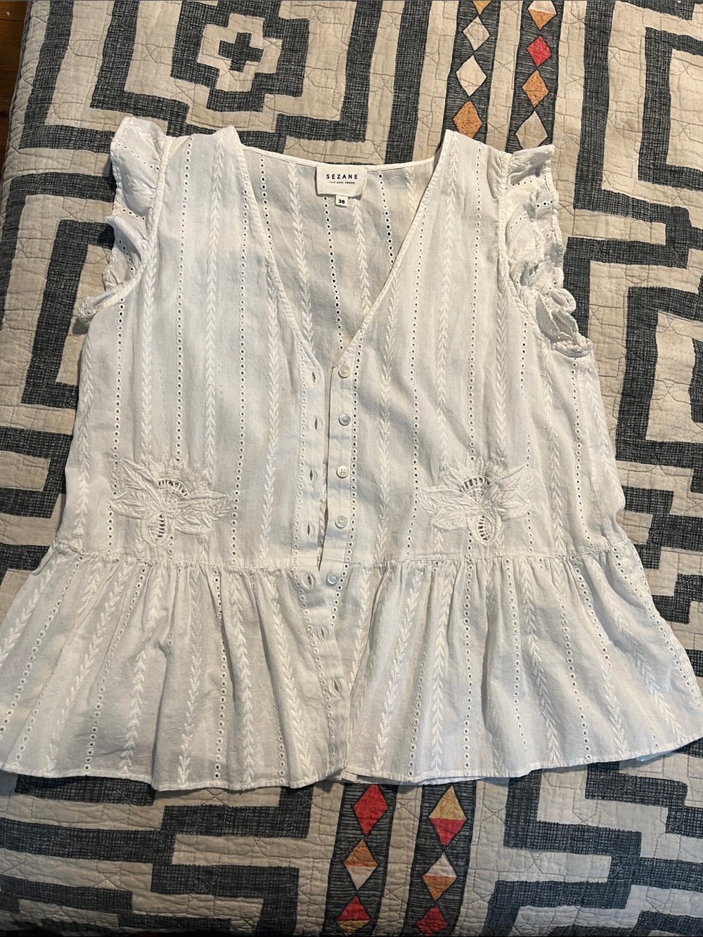 Sezane Eyelet V-Neck Bloouse